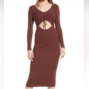 All in Favor Gathered Front Cutout Long Sleeve Rib Midi Dress Sz S